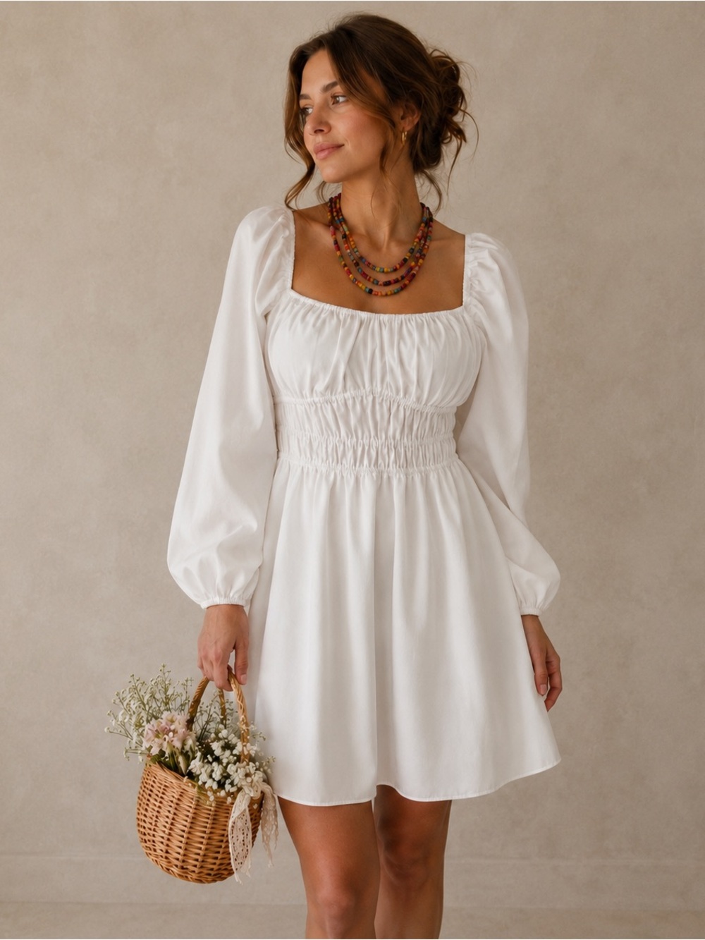 NWT Gianni Bini Shia White Mini Dress XL Smocked Puff Sleeve Cottagecore Prairie